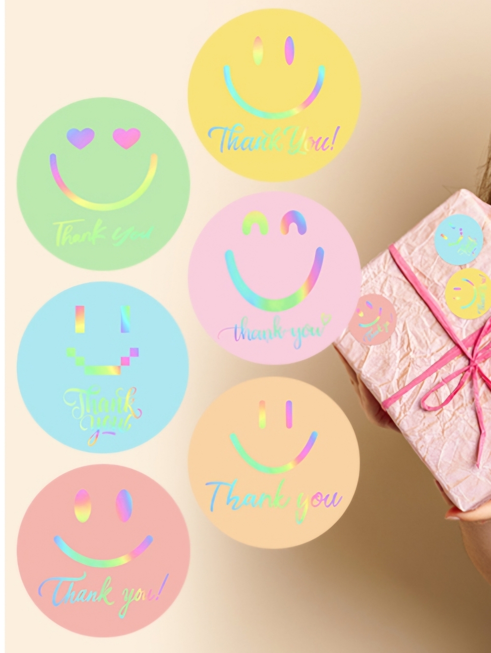 50 Holographic Pastel Thank You Smiley Sticker Labels 1.5"